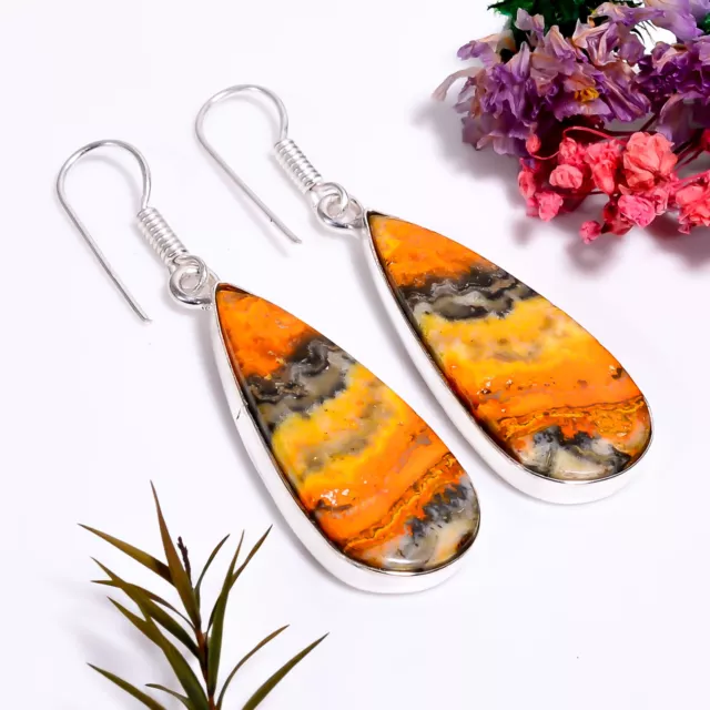 Bumble Bee Jasper Gemstone Handmade Jewelry.925 Silver Earrings 2" GSR-8624