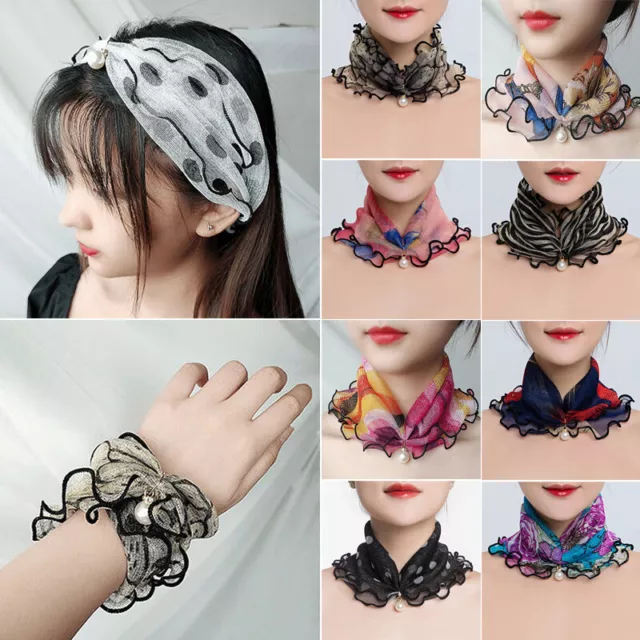 Women Stretch Lace Scarf Bandana Neckerchief Headband Faux Pearl Neck Wrap / #
