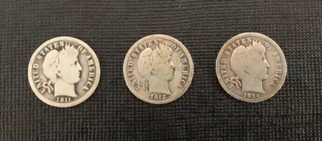 Set of 3 Barber Dimes - 1911 + 1912 + 1914 D  90% Silver