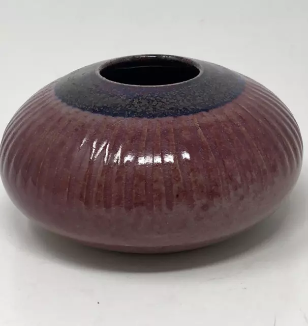 Studio Pottery Squat Vase Purple Artisan Signed Textured Ribbed Onion