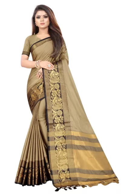 New Designer Fancy Jacquard Cream Color Sari For Women's Wedding & Festival Wear