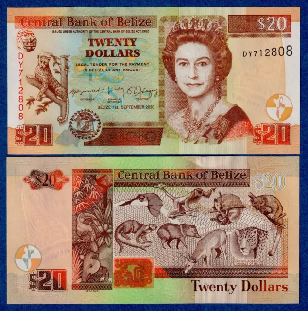 Belize 20 Dollars (2020) P-69 (New) QE II, UNC Banknote