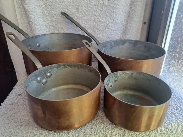 Lot de 4 casseroles en cuivre massif étamé avec poignée en laiton Batterie