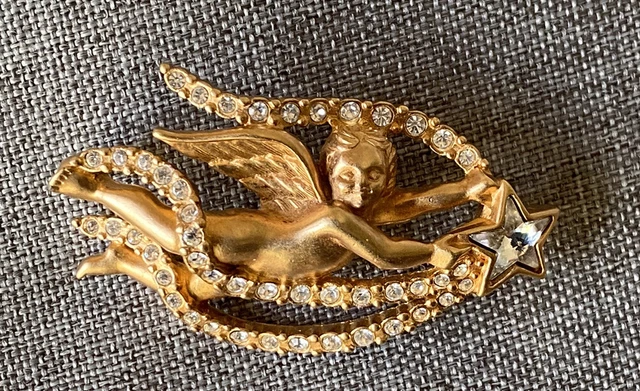 Vintage Swarovski Crystal Angel Wishing Shooting Star Brooch Pin Gold Tone Swan