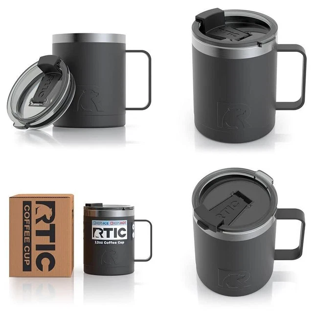 RTIC Coffee Mug with Handle, 12oz, Black, Portable Travel Thermal Black