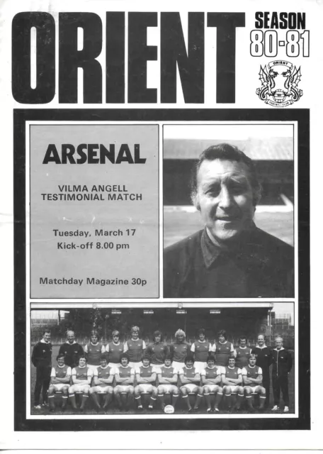 Orient V Arsenal Vilma Angell Testimonial 17 Mar 1981 Vgc