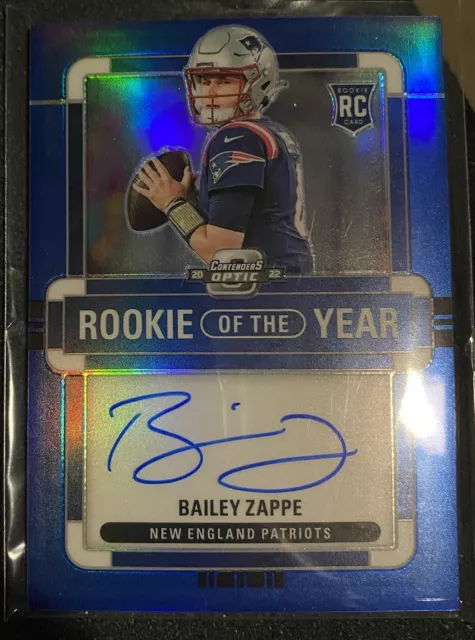 2022 Panini Contenders Optic ROY Bailey Zappe RC Auto Color Match Blue sp/60