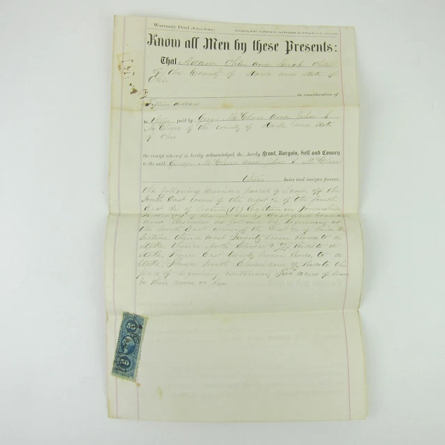 US REVENUE STAMP 50 cent Scott R60 on Darke County Ohio Deed Ohler