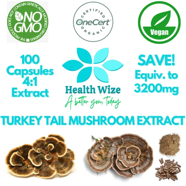 Turkey Tail Mushroom Extract Organic 100 Capsules 4:1 Highest Potentcy & Purity