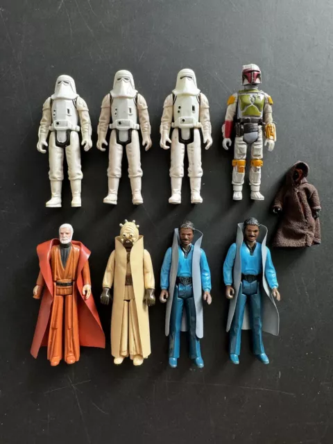 Vintage Lot 9 Star Wars Action Figures Boba Fett Jawa Obi Wan Snowtrooper Lando