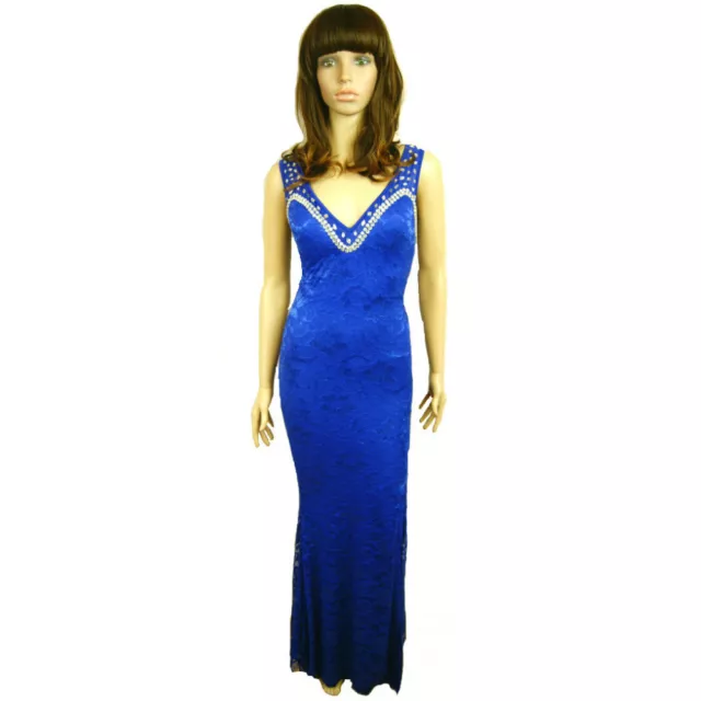 Precioso Mujer Azul Diamante Tachuelas Metálico Floral Vestido Largo de Noche