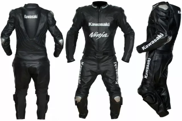 Kawasaki Motociclo Nero Pelle Giacca Pantalone Corsa Motociclista Tuta Protezion