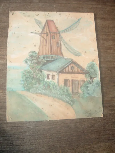 Org. Aquarell: Windmühle am Meeresstrand in Holland, um 1908, Fritz Gemein