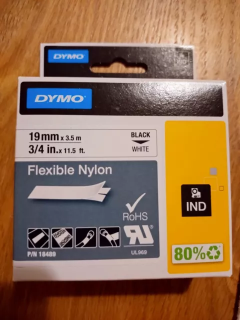 Dymo 18489 Rhino Nylon Tape 19mm x 3.5m Black on White