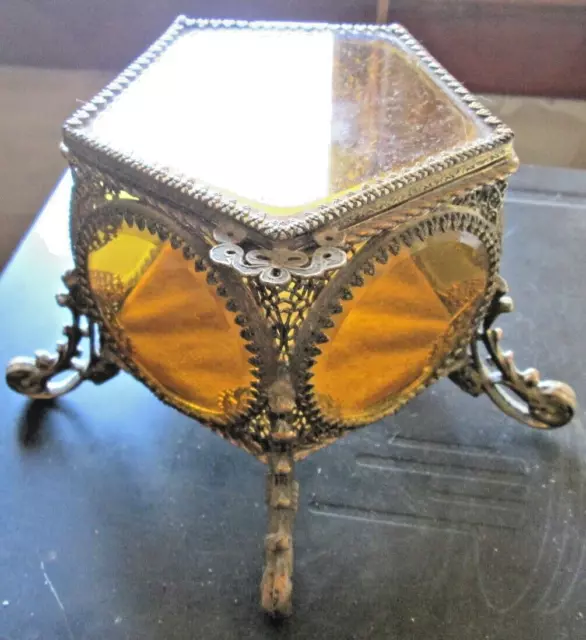 Vintage Brass Lidded Filigree Jewelry Casket 5 Sided Amber Glass  Round Panels