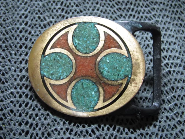 Tech Ether Maltese Cross Turquoise Coral Hippie Brass Belt Buckle! Vintage! Rare