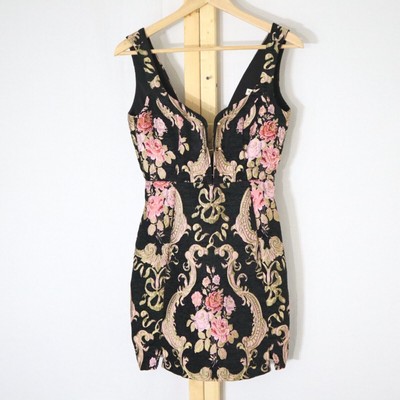 FOR LOVE & LEMONS Brocade Tapestry Black Mini Dress Pink Floral SEXY Size XS