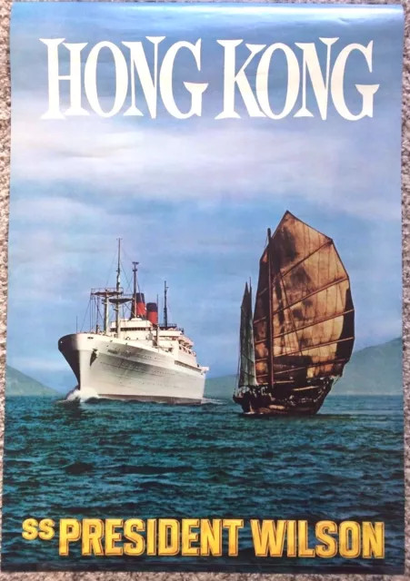 Original Vintage Hong Kong Travel Poster 1965 Chinese Junk APL Ocean Cruise Ship