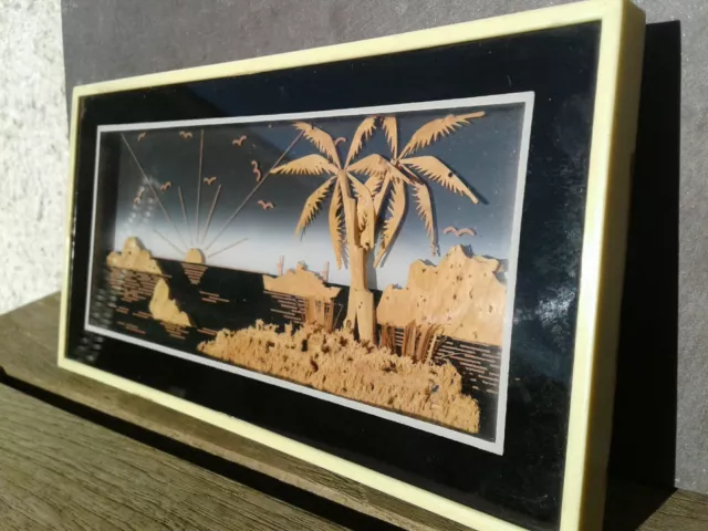 Picture Box Diorama Art Trees  Ocean Ship 1950s Mid 20th Century Cork Art