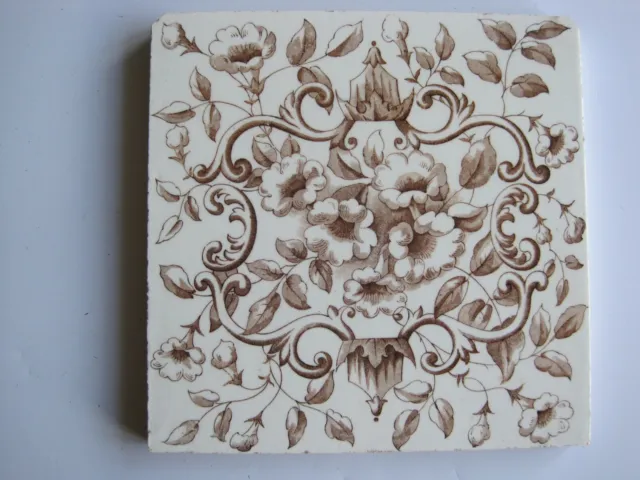 6" SQUARE ANTIQUE VICTORIAN TRANSFER PRINT FLORAL TILE - BROWN ON CREAM No.250