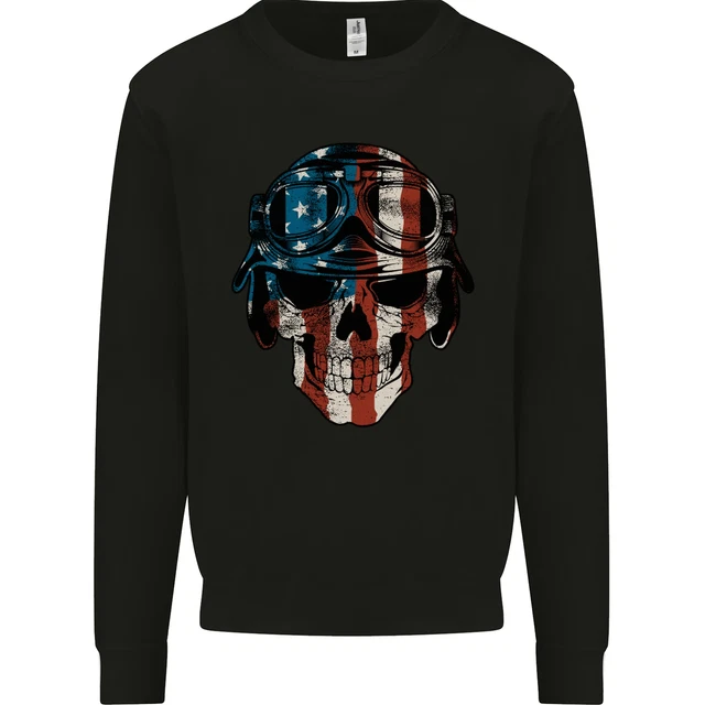 USA Flag Biker Skull Motorcycle Motorbike Mens Sweatshirt Jumper