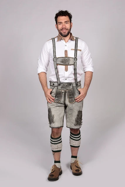 Grey Leather Lederhosen Men Authentic Bavarian Authentic Oktoberfest Lederhosens