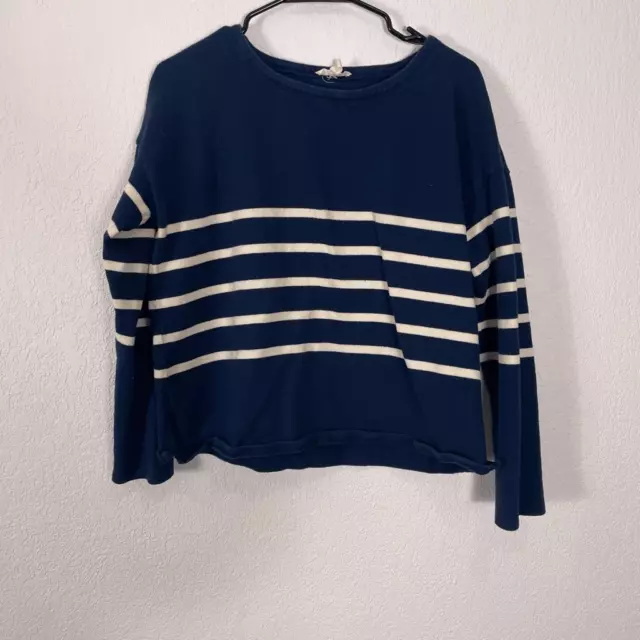 Eileen Fisher Navy Blue & White Striped Organic Cotton Pullover Sweater