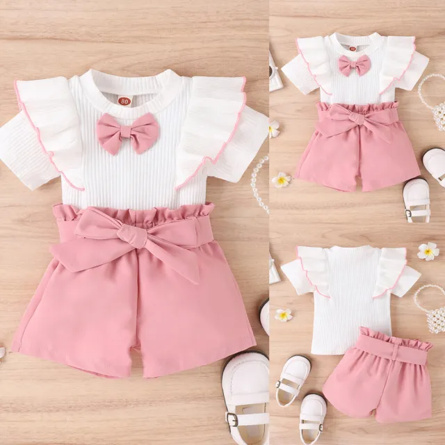 Toddlers Baby Girls Ruffle T Shirt Tops Shorts Outfit Kids Bow Tie Clothes Set