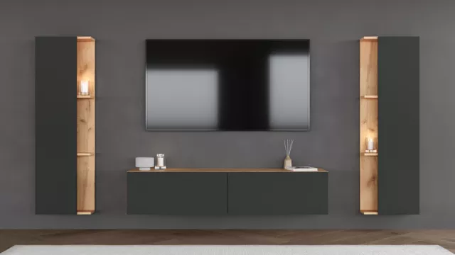 Wohnwand aus Sideboard & 2 Seitenschränken Wohnzimmer TV-Board Wohnzimmerschrank 2