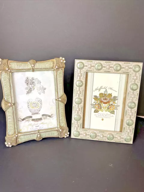Sheffield Home Jewels Picture Two Frame Green Enamel Brass Silver Filigree 4x6”