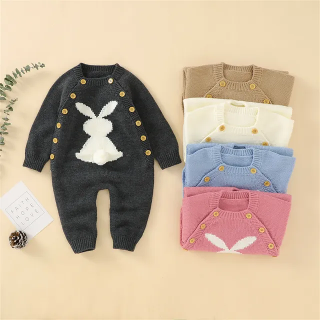Baby Newborn Girl Boy Cotton Knit Bunny Cartoon Sweater Romper Jumpsuit Outfits