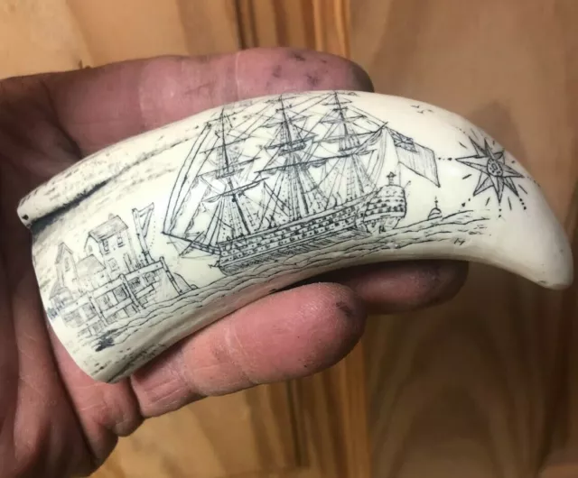 Scrimshaw sperm whale tooth REPRODUCTION.2 angels over British ship HMS Victory