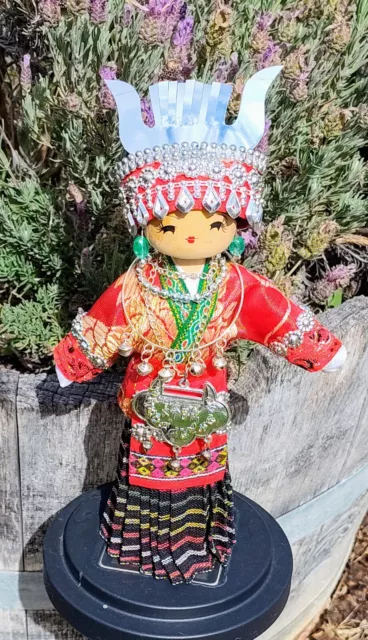 🔥 CHINESE CULTURUAL HANDMADE WOOD & CLOTH DOLL Traditional MIAO Clothes 10" 🔥