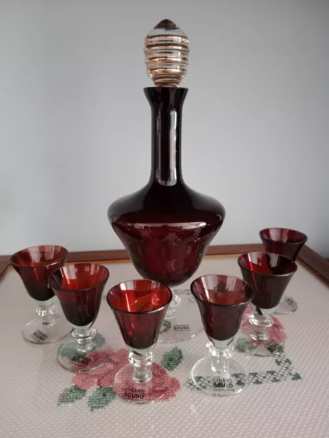 Servizio Cristallo Da Liquore Bicchieri E Bottiglia Rosso Scuro