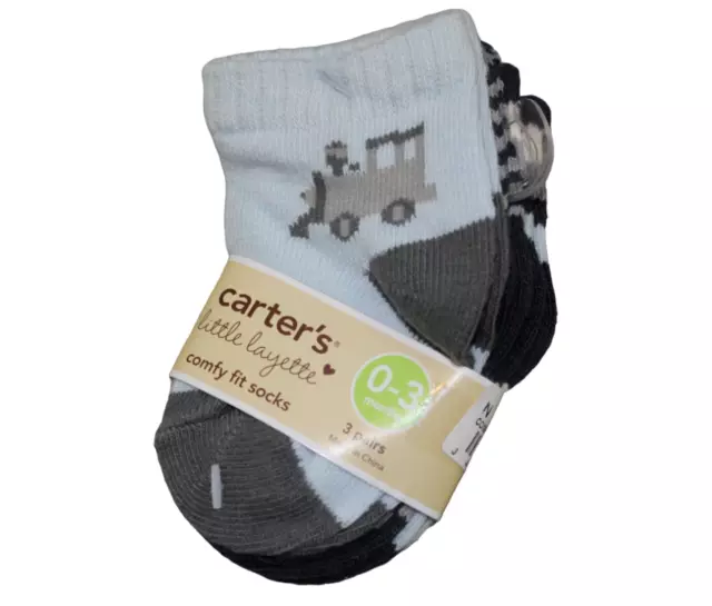 Carters Train Stripe Socks Blue Gray 3-Pack Baby Infant Boys Size 0-3 months NWT