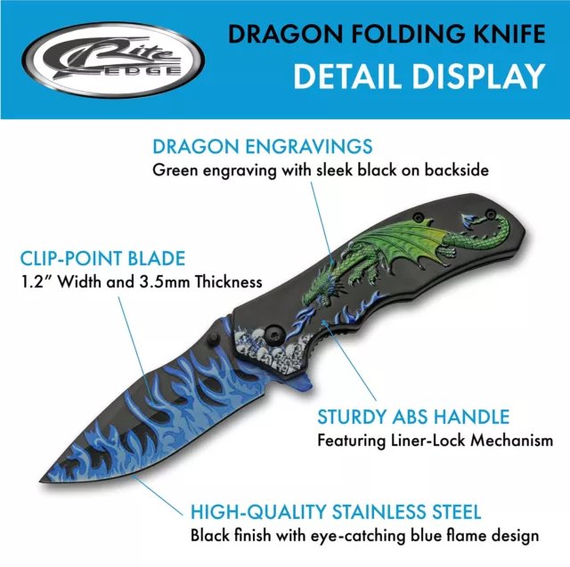 New Rite Edge Dragon Flame Linerlock A/O Folding Poket Knife 300549-GN 2