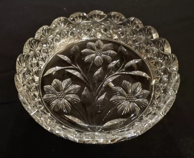 Antique McKee Brilliant Pressed & Cut Glass Low Bowl Flowers & Scalloped Rim