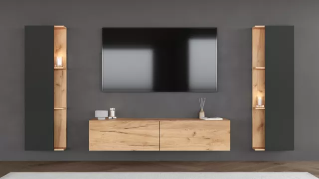 Wohnwand aus Sideboard & 2 Seitenschränken Wohnzimmer TV-Board Wohnzimmerschrank