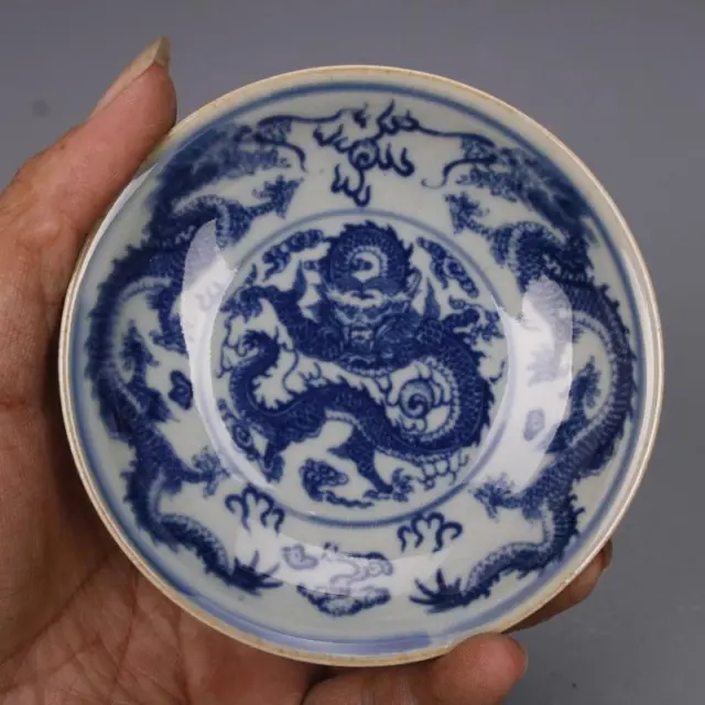 Chinese Blue and White Porcelain Qing Tongzhi Dragon Design Plate 3.94 inch A