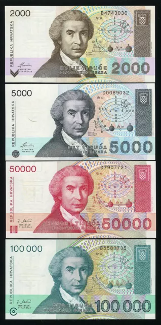 Croatia SET 4 notes 2000-100000 Hrvatskih Dinara 1992 1993 P-23 24 26 27 (UNC)