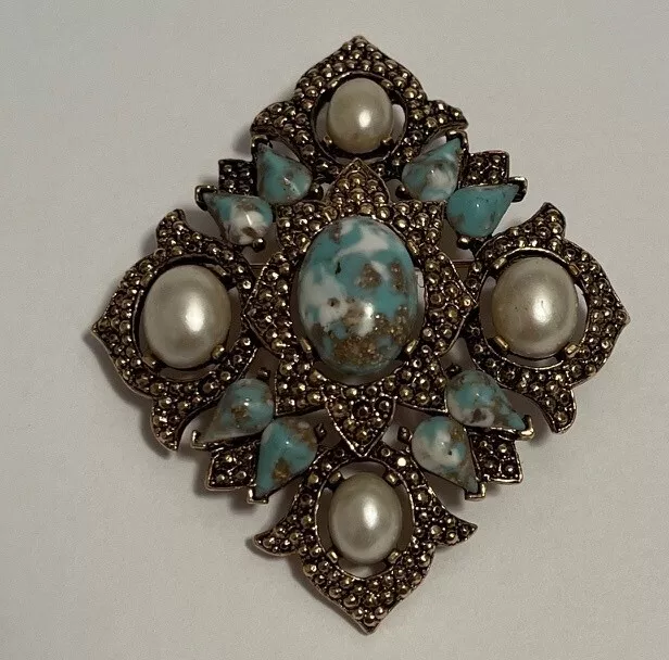 Sarah Coventry Turquoise Faux Pearl Brooch Pendant Marked "Sarah Cov" Excellent