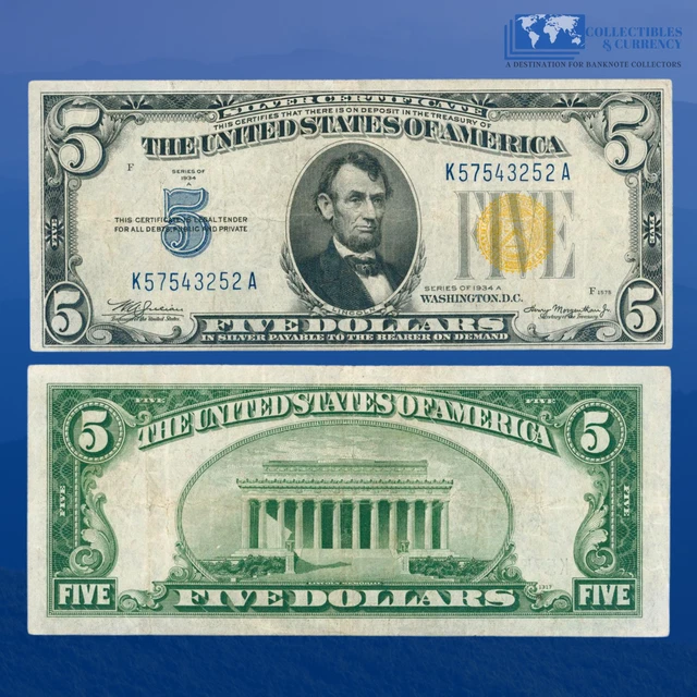 Fr.2307 1934A $5 Silver Certificate Yellow Seal "North Africa", VF+ #43252