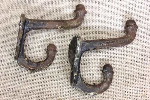 2 old Coat hooks farm school house rustic cast iron 3” vintage 1880’s heavy duty