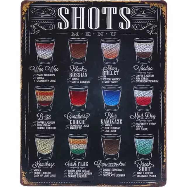 Retro Vintage Shots Recipe Menu Cocktails Bar Pub Shed Man Cave Metal Wall Sign