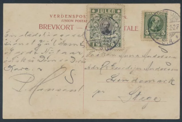 DENMARK. Christmas seal 1906 on card with 5 Øre Christian IX (PC472)