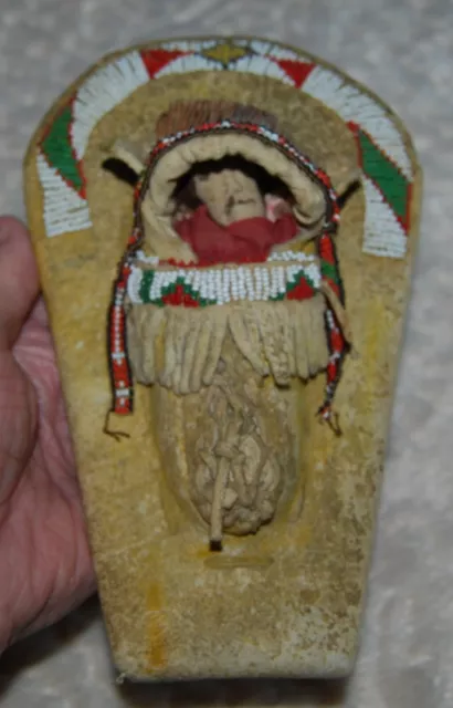 Native American Ute 1890-1910, Cord sewn, Toy Baby Cradle w/doll, 8-1/2" tall