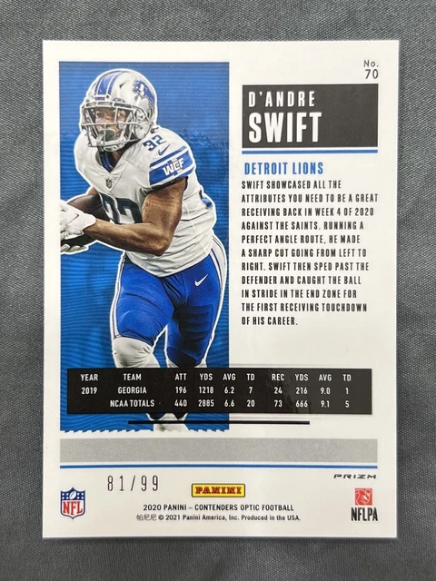 2020 Contenders Optic D'andre Swift Rookie Ticket Blue /99 Prizm RC #70 Lions 2