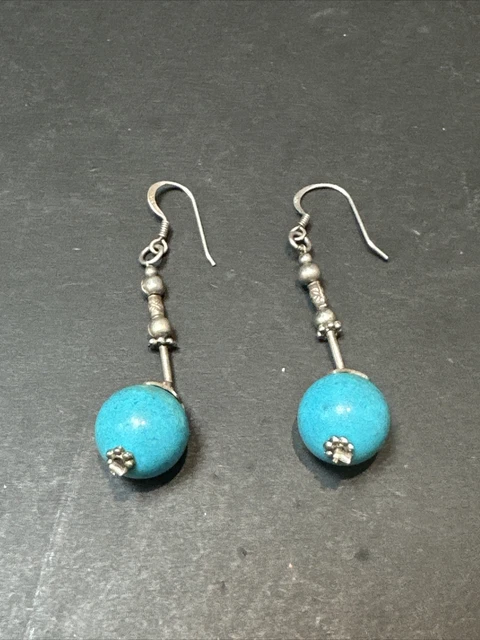 Ancienne Paire De Boucle D’oreille Pendante Argent Massif boule bleu