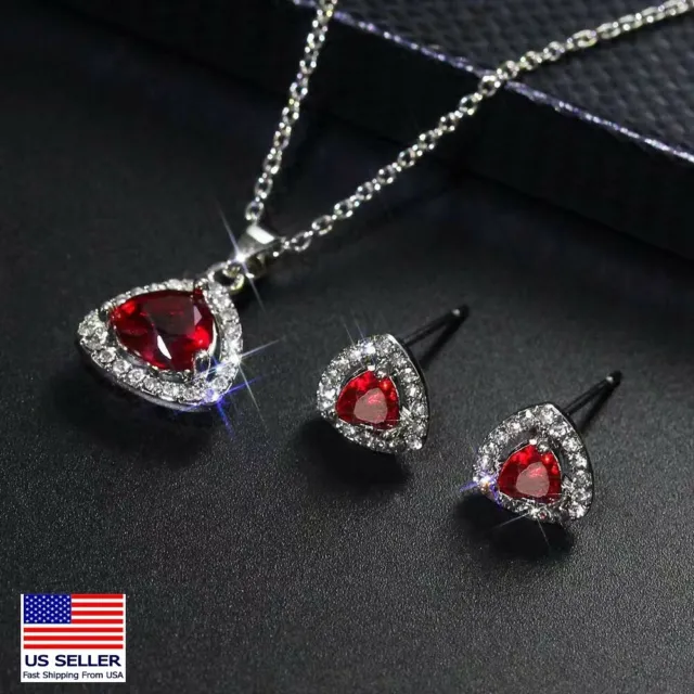 Women Fashion Jewelry Set Crystal Necklace Earrings Triangle Red Heart Pendant