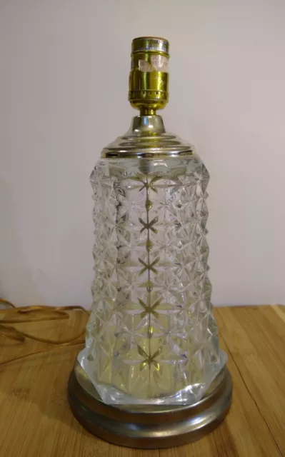 Vintage Diamond Cut Crystal Glass Table Lamp Deep Facets No Shade 13" Tall 3